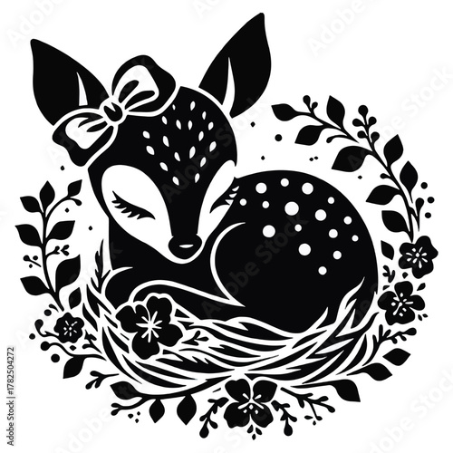 Cute Baby Deer Resting in a Flower Wreath