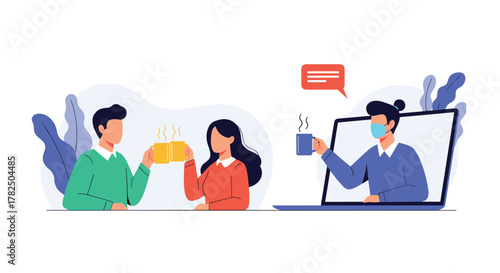 Two people exchange gifts with one person on a video call offering a coffee.