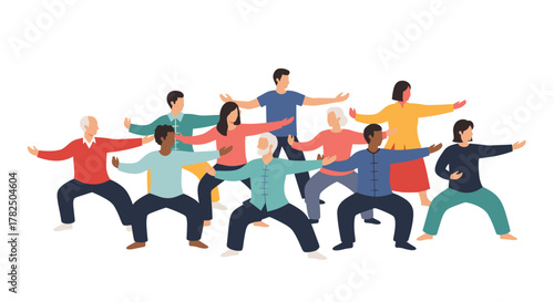 Diverse group of people practicing tai chi together outdoors.