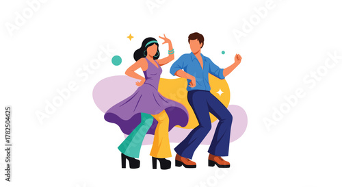 A groovy couple dancing in retro disco fashion celebrating the fun of the 70s.