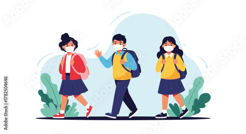 Children wearing face masks and carrying backpacks walk along a path.