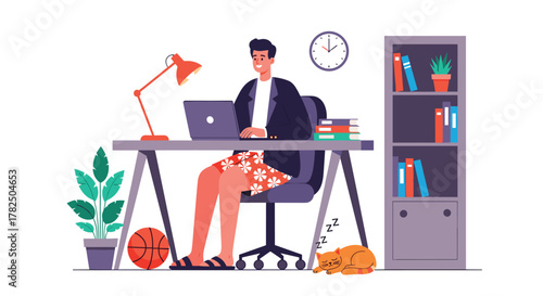 A young man working comfortably from his home office setup.