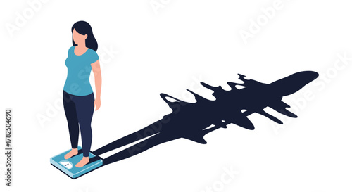 Woman standing on a scale with a shadow of an airplane.
