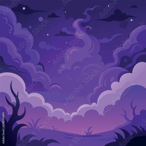 Mystical night landscape with glowing purple clouds, dark silhouettes of trees, and a dreamy fantasy sky — vector illustration, flat style, soft gradient