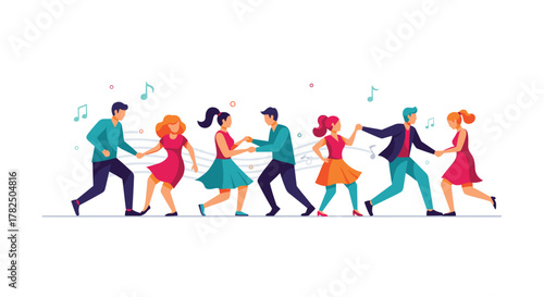 Diverse couples enjoy lively dancing with musical notes in the background.