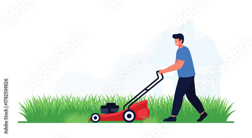 A man is mowing the lawn in front of a house on a sunny day.