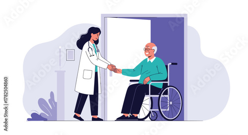 A doctor helps an elderly man in a wheelchair to get out of a room.