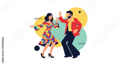 A couple dances joyfully to disco music in a vibrant retro setting.