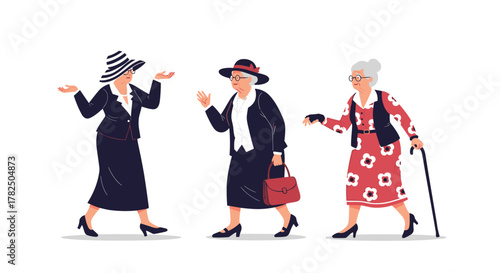 Elegant ladies in fashionable attire discussing matters while walking together in a graceful manner.