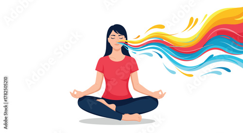 A woman meditating with colorful energy emanating from her breath. This represents inner peace.