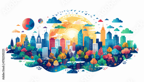Cityscape with trees sun and planets with transparent background