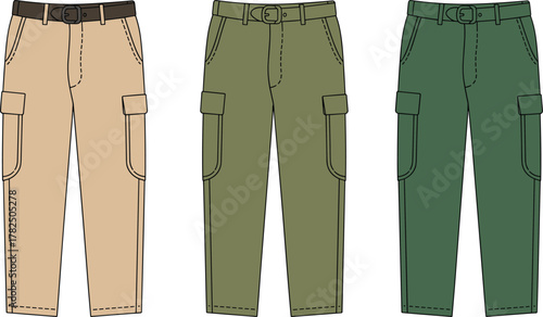 cargo pants trio, beige olive dark green, belt pocket design, fashion template, garment construction, apparel illustration, clothing comparison, style guide