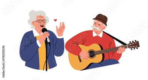 An elderly couple enjoying a musical performance together playing a guitar and singing.
