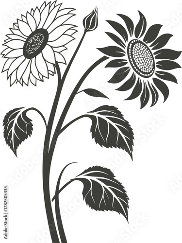 Wallpaper Mural Two stylized sunflowers with leaves and a bud isolated on white background Torontodigital.ca