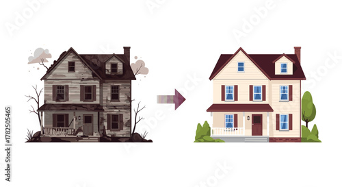 Transforming a dilapidated old house into a beautifully renovated modern home. This visual comparison highlights the dramatic improvement.