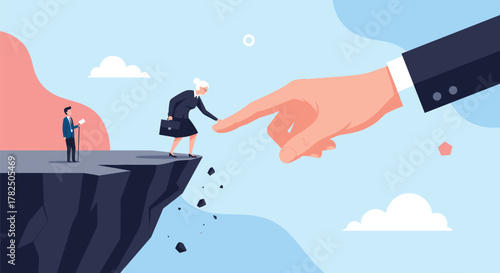 A helping hand bridging the gap between a businessman and a businesswoman on a cliff edge.