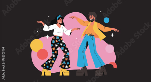Groovy dancing couple enjoying a retro disco party together.