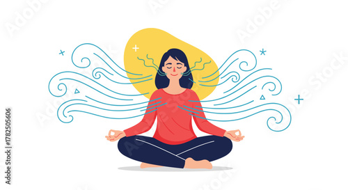 A woman meditates peacefully surrounded by calming blue wisps under a warm yellow sun.