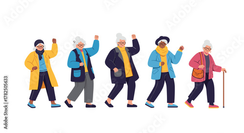 A diverse group of older women walk together in colorful coats.