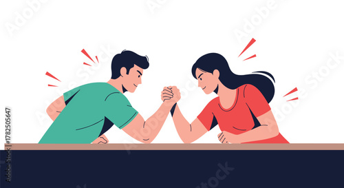 A man and woman engaged in a competitive arm wrestling match on a wooden table.