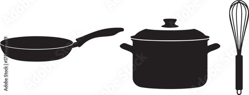 Complete Cooking Tools Set: Silhouette of Pan, Pot, and Whisk

Kitchen Utensil Collection: Black Vector Graphic of Basic Cookware

Home Cooking Essentials Icon: Monochrome Set of Frying Pan and Stockp