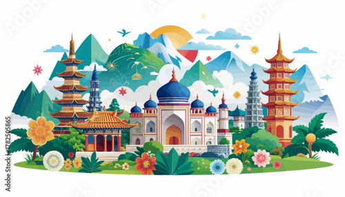 Asian landmarks and mountains with floral elements