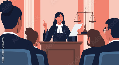 A judge presides over a courtroom with a scale of justice behind her.