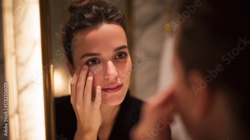  Woman applying microneedle patch to under-eye area, bathroom mirror reflection, luxury spa ambiance