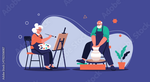 Two elderly people engage in creative hobbies painting and pottery making.