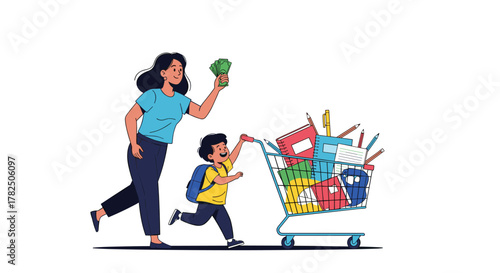 A mother and child happily push a shopping cart full of groceries and supplies.