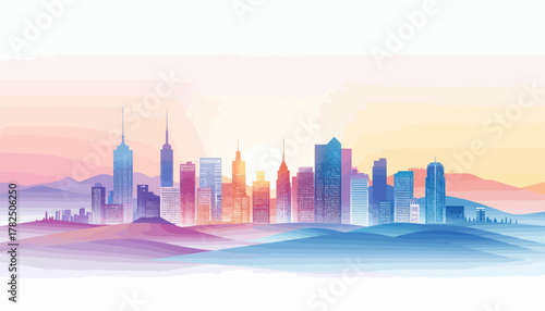 City skyline with sun and colorful mountains