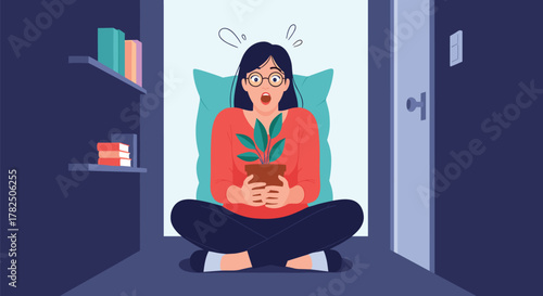 A young woman sits cross-legged holding a potted plant while looking distressed and concerned.