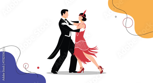 A couple dancing a lively ballroom dance in vintage attire.