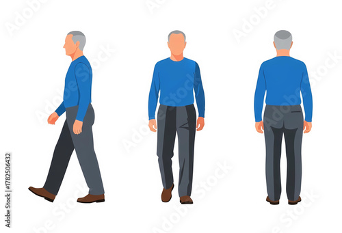 Senior man in a blue long-sleeve shirt and gray trousers shown in three views: side walking, front, and back, for mature character design