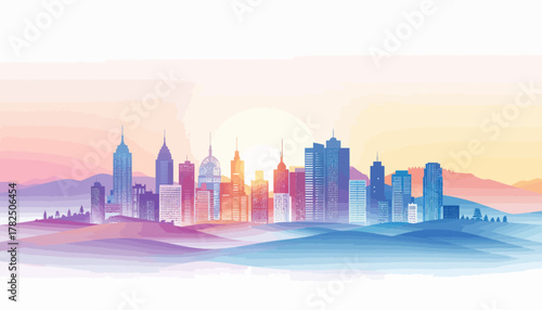 City skyline at sunset with colorful mountains