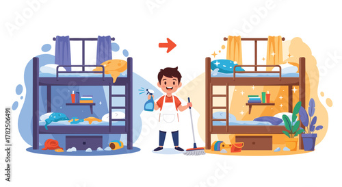 A child makes his bunk bed room tidy and clean after chores.