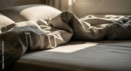 Close-up of rumpled linen bedding bathed in warm morning sunlight.
An intimate, close-up shot of an unmade bed, focusing on the texture and folds of the rumpled, neutral-colored linen bedding