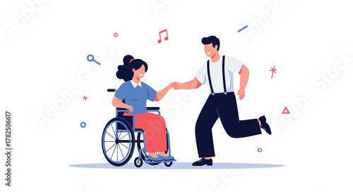 A woman in a wheelchair and a man dancing together joyfully.