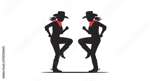 Two cowgirls in silhouette performing a dance routine together in a synchronized manner.