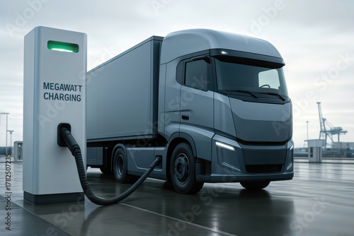Electric semi-truck at a megawatt charging station in an industrial port.