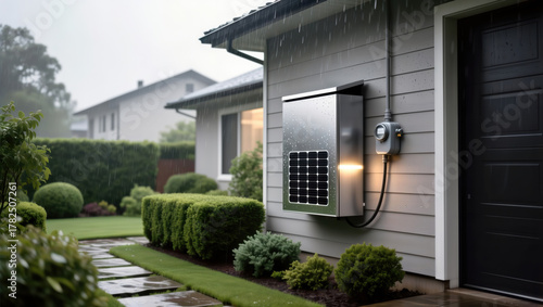 Smart home battery energy storage unit with solar panel on a residential house.