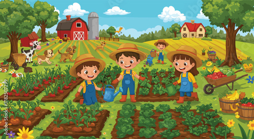 children farming illustration, vegetable garden scene, farm animals background, teamwork and nature, outdoor activity sketch, educational agriculture template, rural life