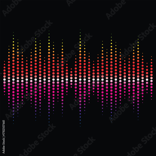 Vibrant colorful dotted sound wave equalizer on black background, abstract digital audio frequency visualization design representing rhythm, pulse, and modern music spectrum art.