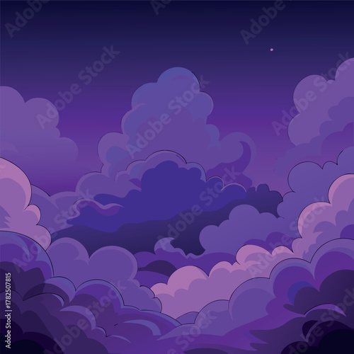 Mystical night landscape with glowing purple clouds, dark silhouettes of trees, and a dreamy fantasy sky — vector illustration, flat style, soft gradient