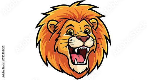 Roaring lion head with orange mane shows teeth in cartoon style on white backdrop, expressing wild and powerful nature.