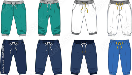 Jogger pants collection, casual wear, elastic cuffs, drawstring waist, fashion illustration, sporty style, color variations, trendy bottoms, vector template, apparel design, unisex clothing