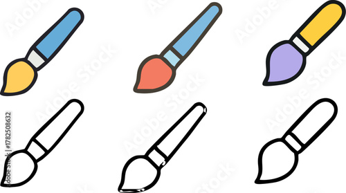 Colorful and Outline Paint Brushes Collection.