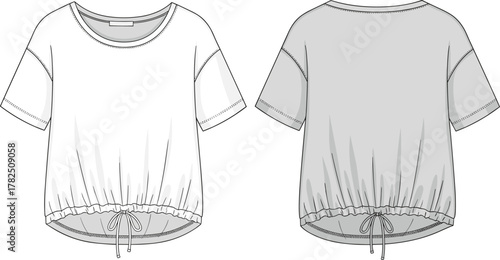 Loose-fitting top illustration, drawstring hem, short sleeves, round neckline, fashion sketch, garment construction, front and back view, clothing template, vector drawing