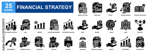 Financial Strategy icon set collection. Containing design Budget Analysis, Profit, Cash Flow, Debt, Financial Goals