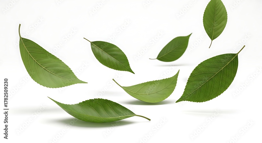 Fototapeta premium Several green leaves gently float and drift against a clean white backdrop, serene.